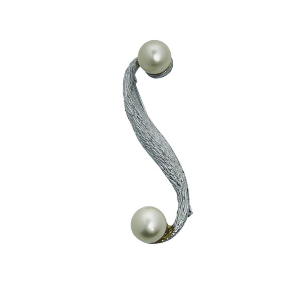 Tara Jewelry - Tara Silver Tone Brushed Scroll Brooch With Large Faux Pearls Signed (777)
